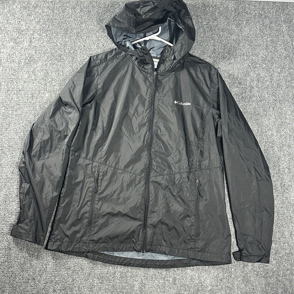 Columbia Rain Jacket Mens Large Black Hooded Full Zip Lightweight Waterproof